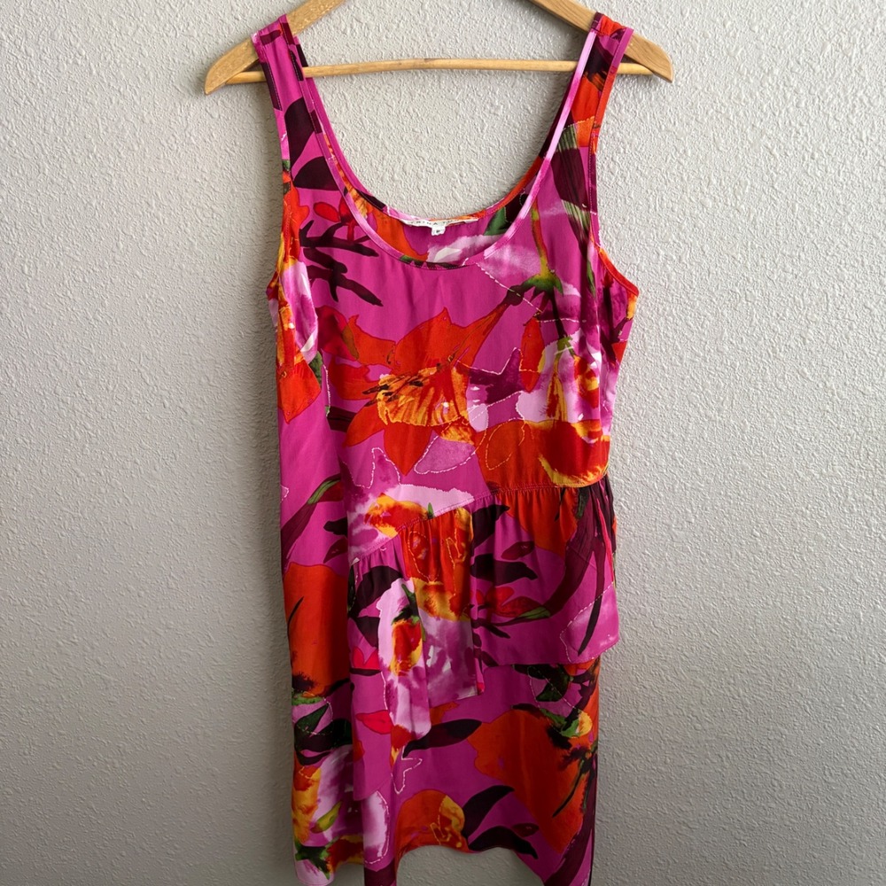 Trina Turk Red Pink Floral Scoop Neck Ruffle 100% Silk Dress 8